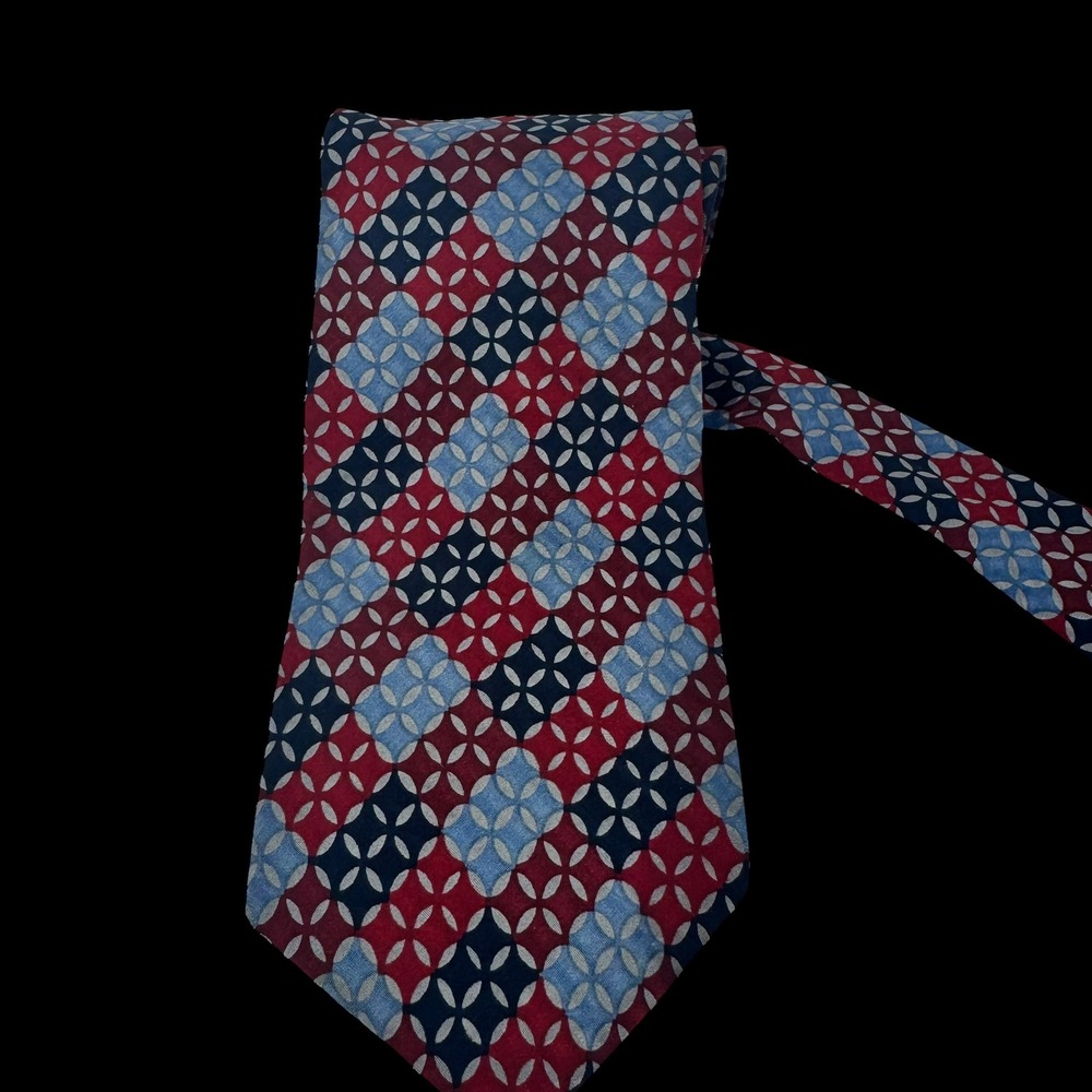 Pierre Balmain Couture Mens Silk Tie Red Navy‎ Blue Geometric Medallion Wide 4in